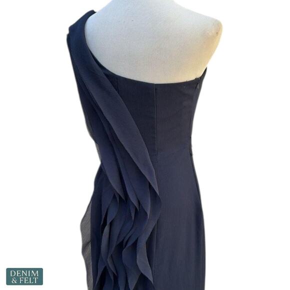 Vera Wang White Navy One Shoulder Ruffle Slit Formal Evening Gown Wedding Dress - Picture 7 of 13